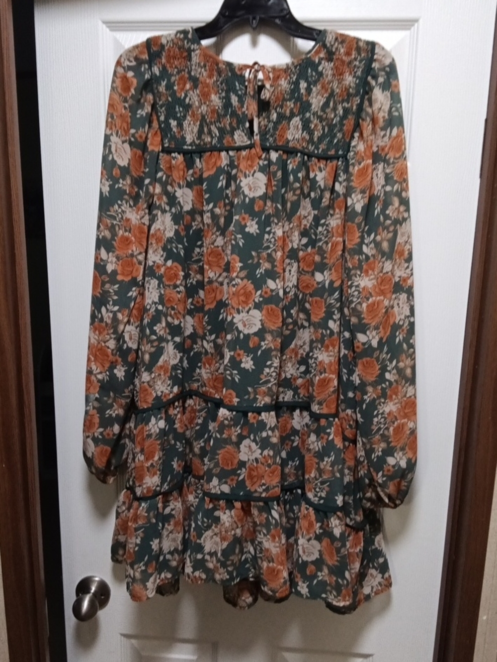 FSL apparel Size L Green Floral Long-Sleeve Tiered Mini Dress Cottagecore Style